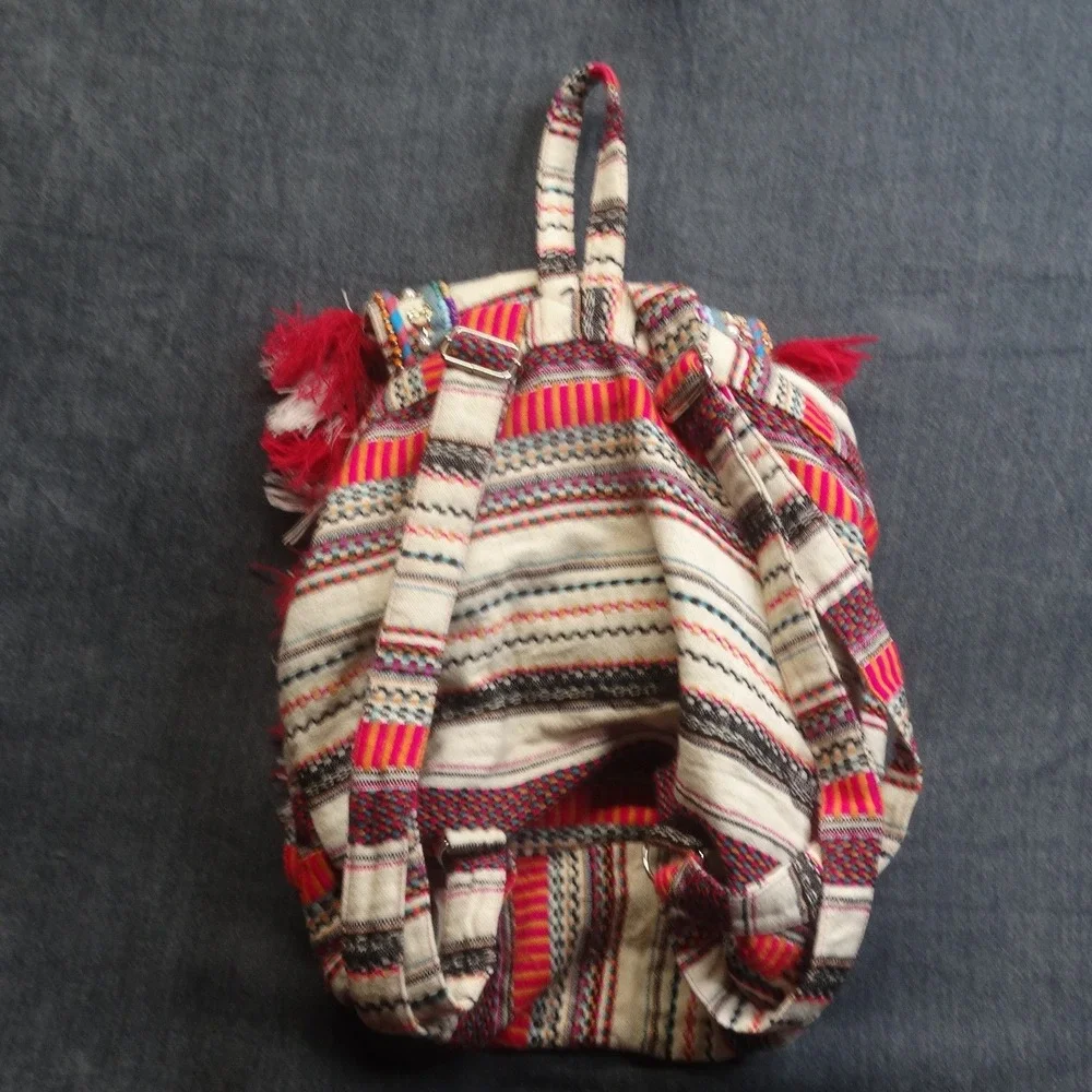 America & Beyond Boho Woven Backpack Womens Small Tassel Multicolor Festival Bag